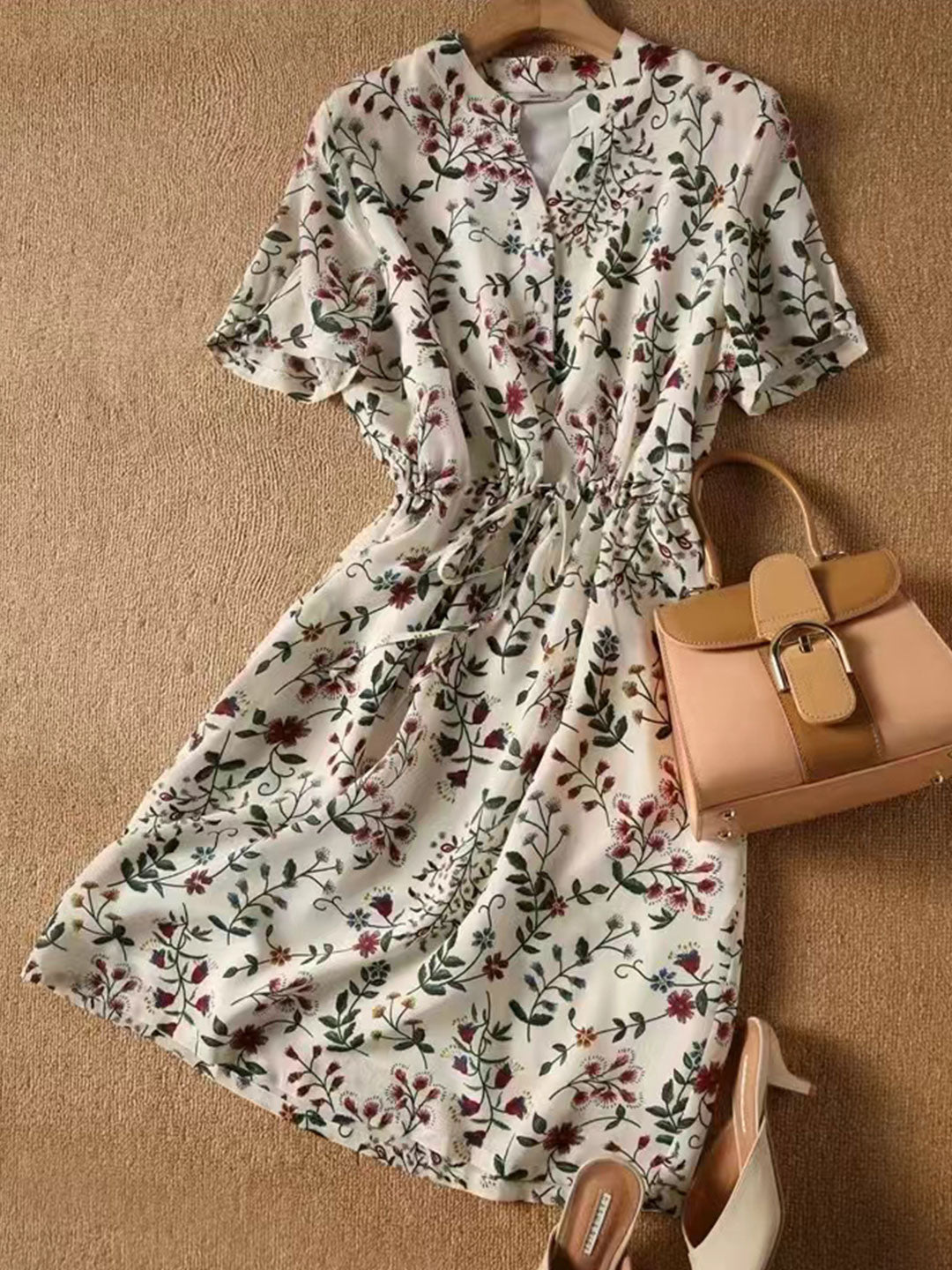 sabrina V-Neck Printed Drawstring Chiffon Dress