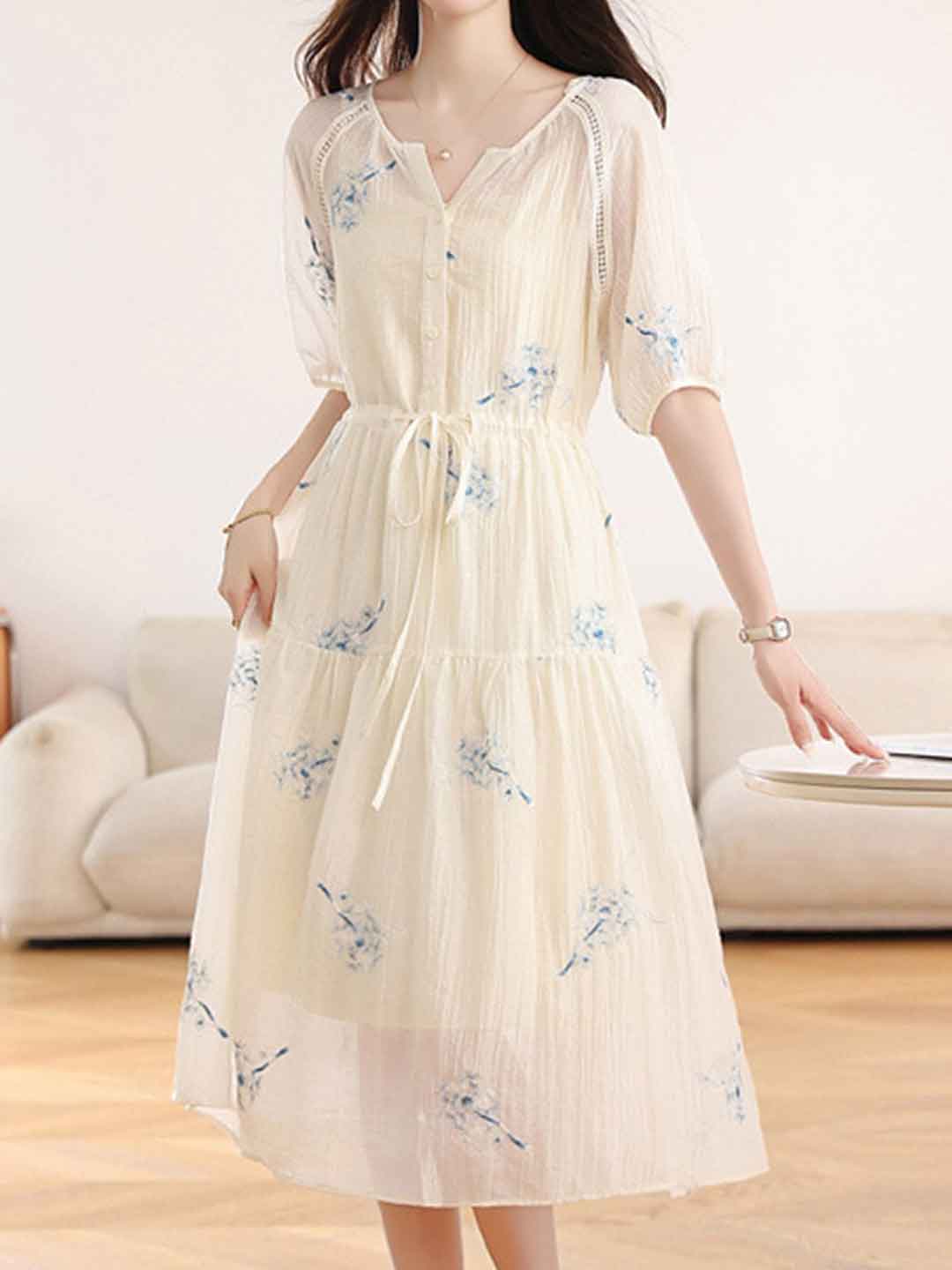 nora Waisted V-Neck Embroidered Dress