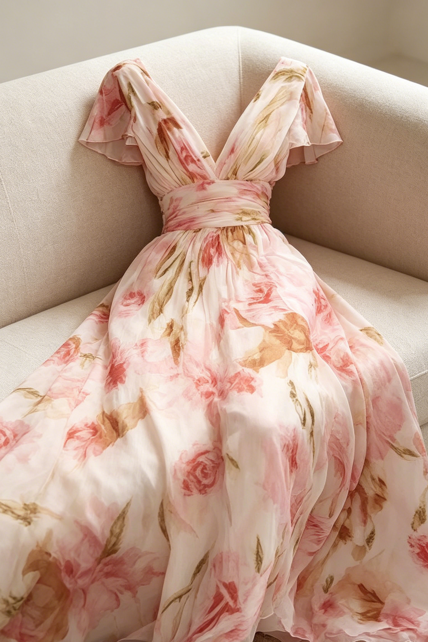 Deep V Ruffle Sleeve Watercolor Floral Chiffon Maxi Dress