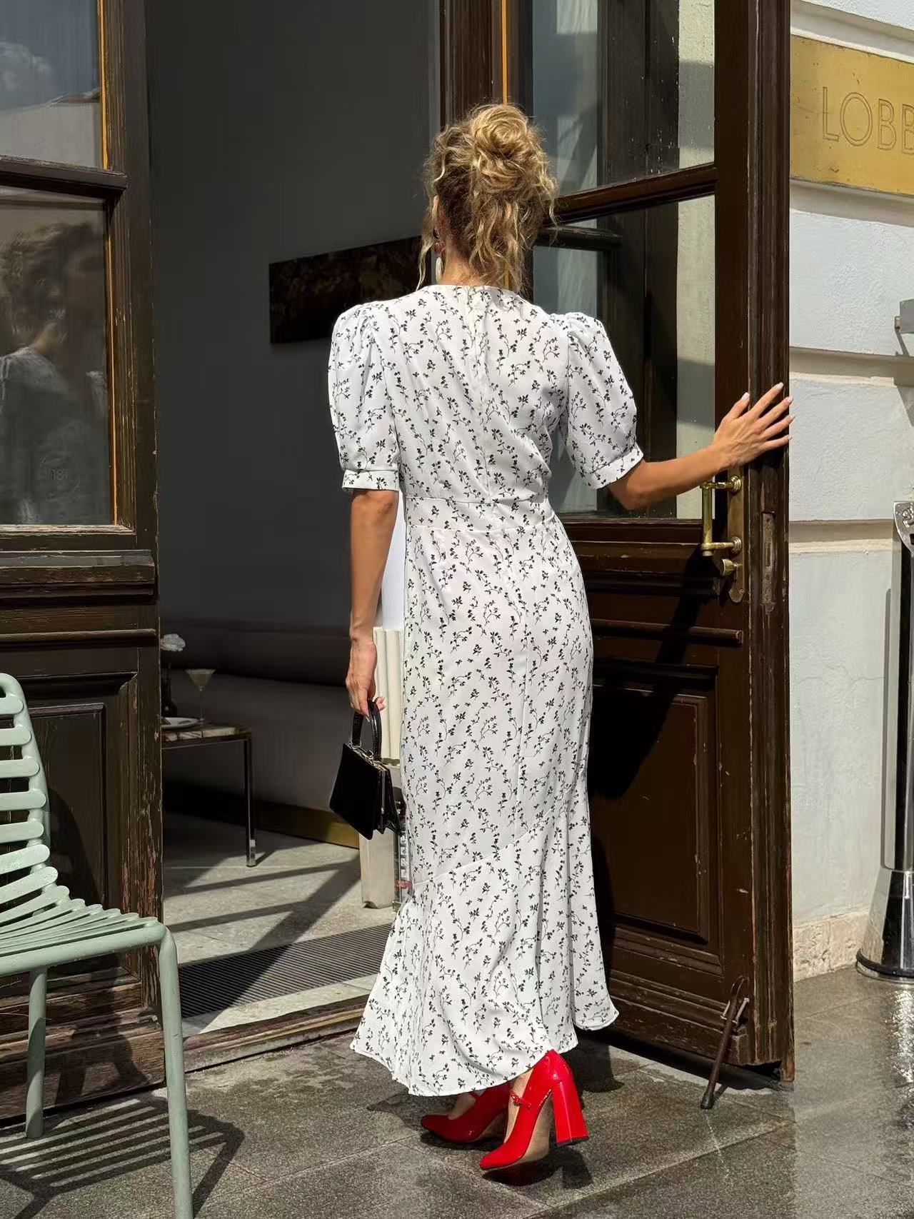 Puff Sleeve Pleated Floral Midi Dress