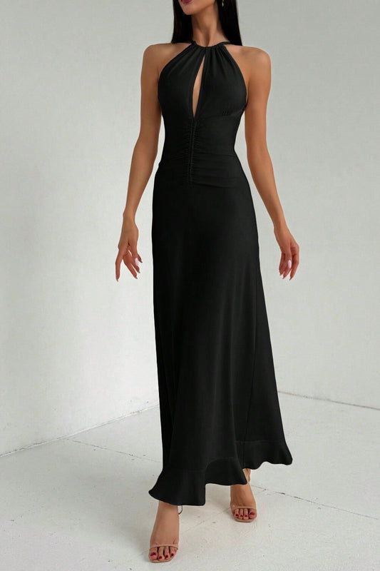 V-neck sleeveless halter maxi dress in black