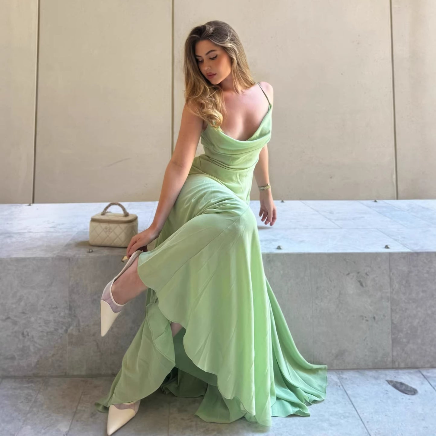 green chiffon slip swing collar dress
