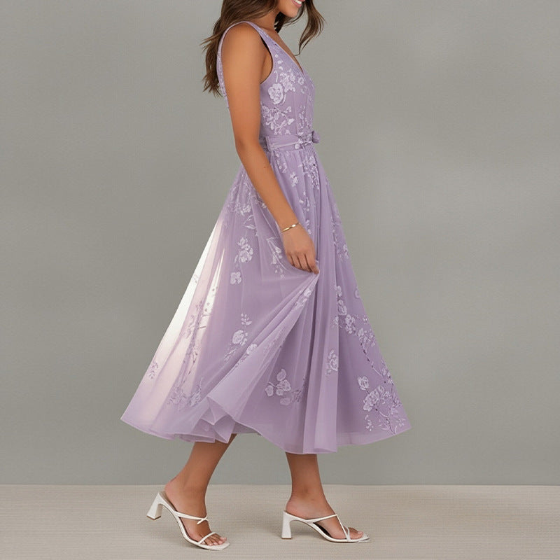 purple V-Neck Print Lace-up Sleeveless Dress