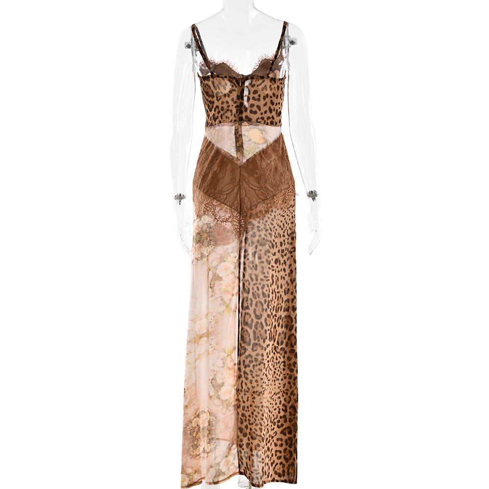 brown suspender slit bandeau chiffon dress