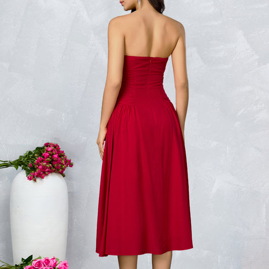 red bandeau backless A-line mid dress