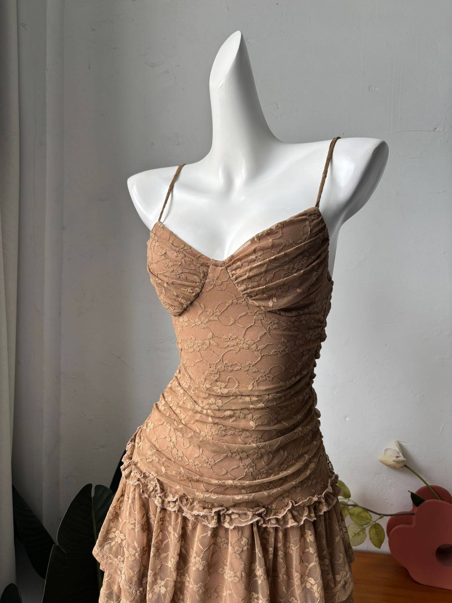 brown lace camisole dress