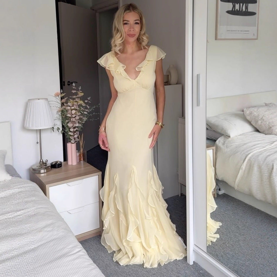 light yellow splicing ruffled maxi dress