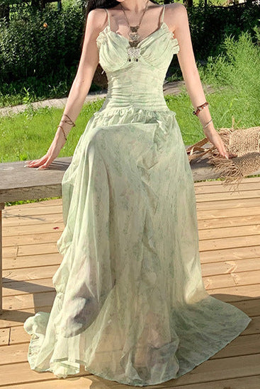 Mint green floral print sundress with ruffles