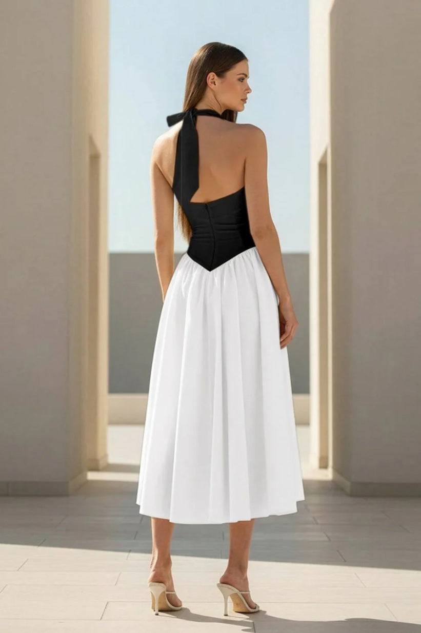 black and white Halter Strappy Backless midi Dress