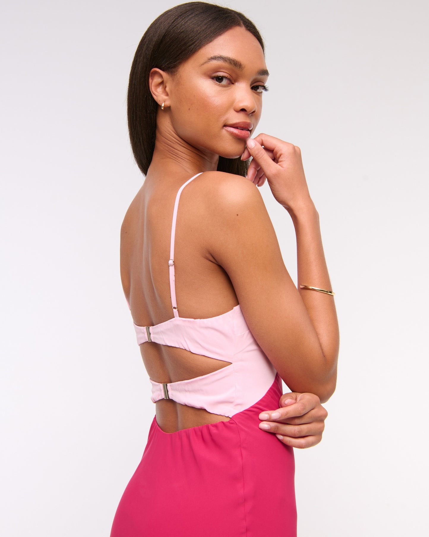 pink open back suspender color-blocking dress