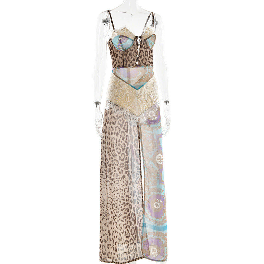 blue suspender slit bandeau chiffon dress