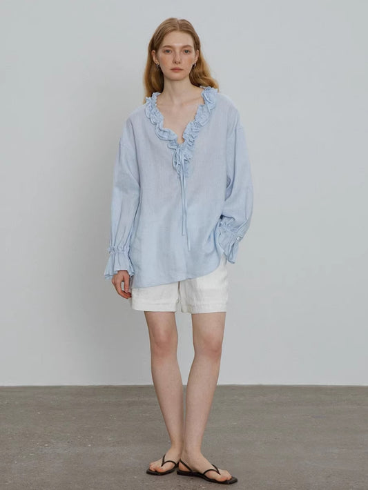 blue V-Neck Tie Shirt