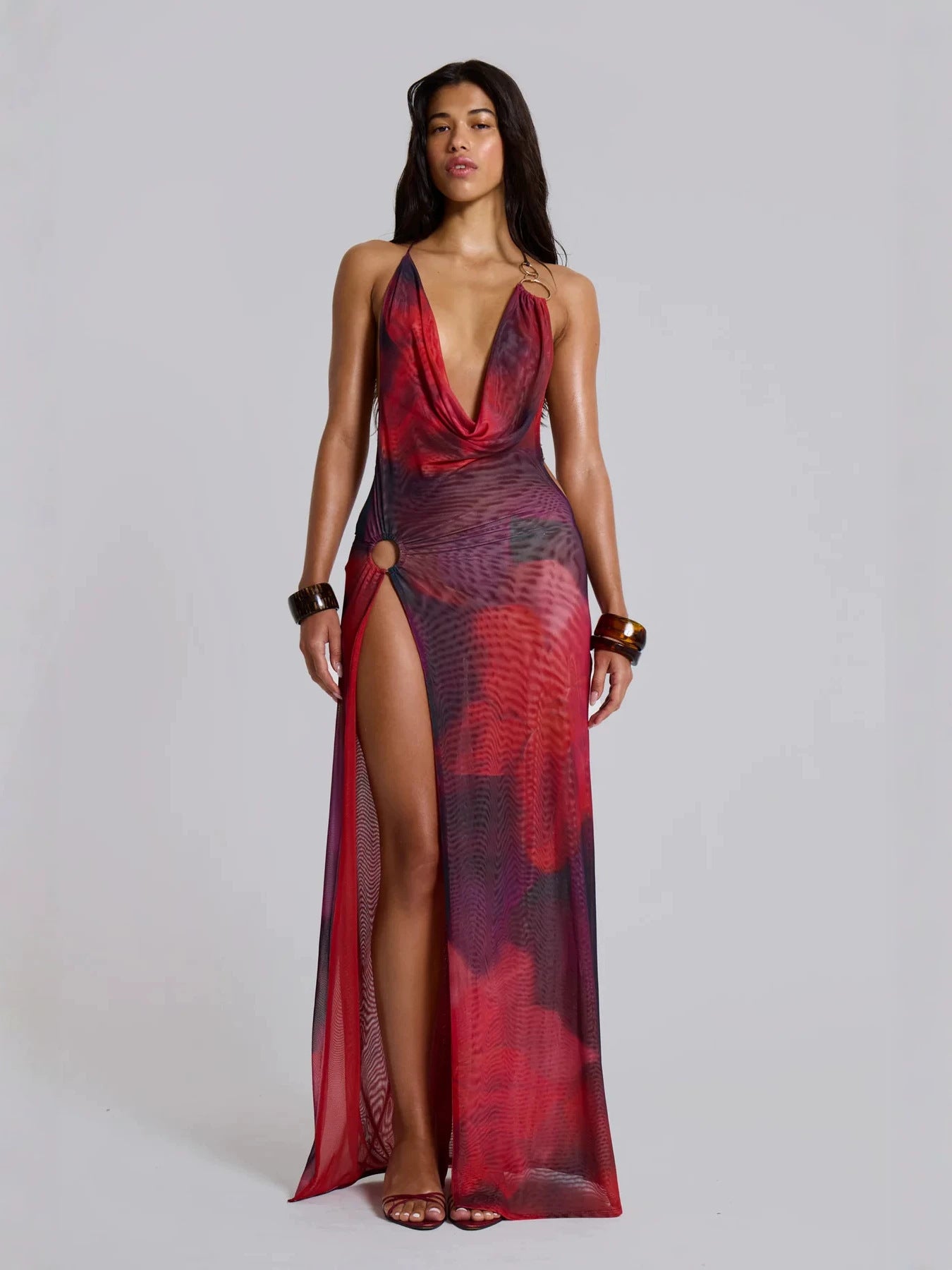 red halterneck high slit dress
