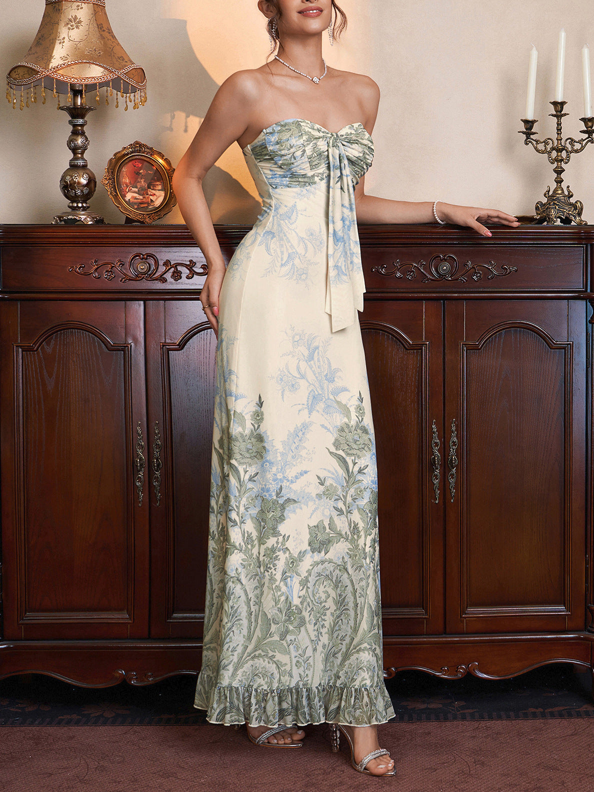 green mesh print strapless back ruffled embroidered dress