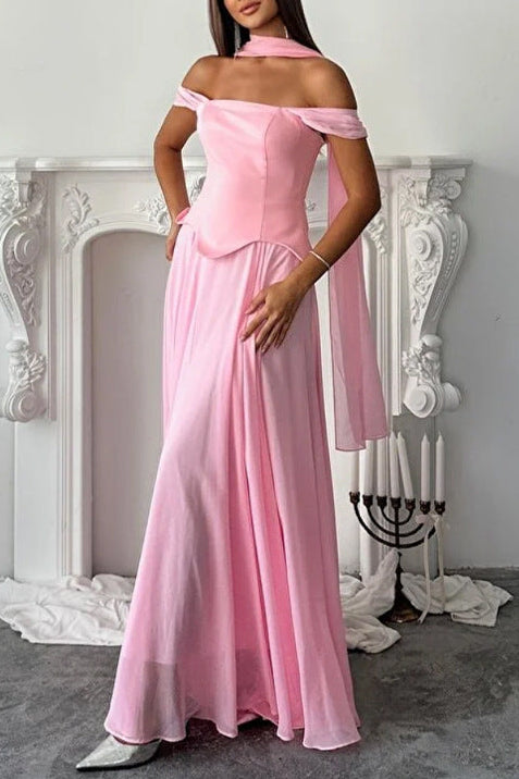 pink Streamer Off-the-Shoulder maxi Dress