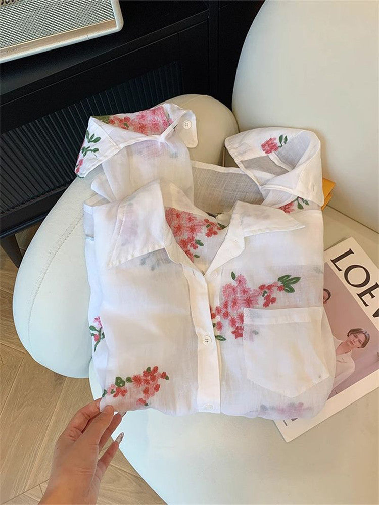 French-style floral print polo collar linen shirt