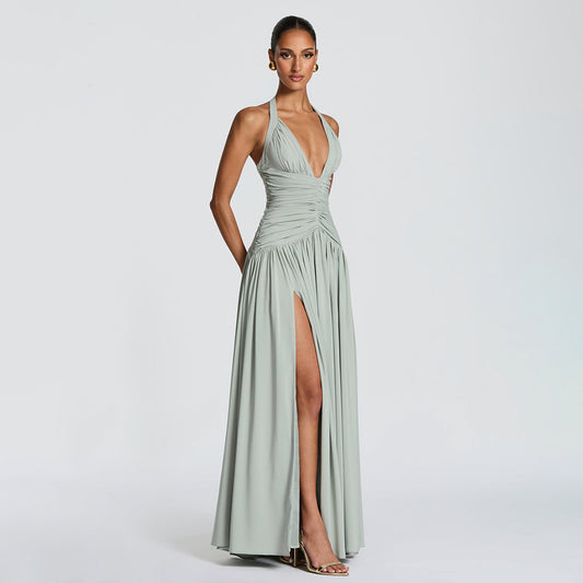 green halterneck slim back dress