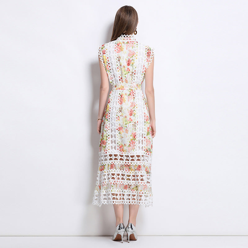print A-line lace trim midi dress - white