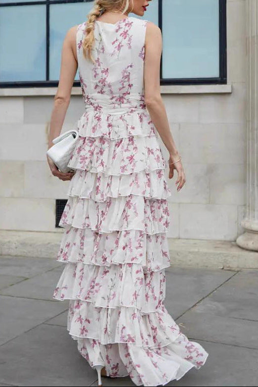 white Printed Chiffon maxi Dress