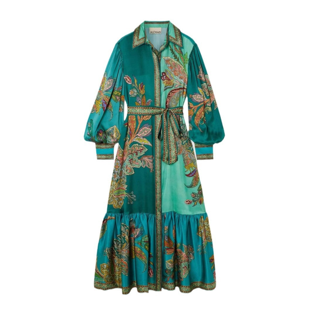 Collared lantern sleeve long-sleeved printed dress