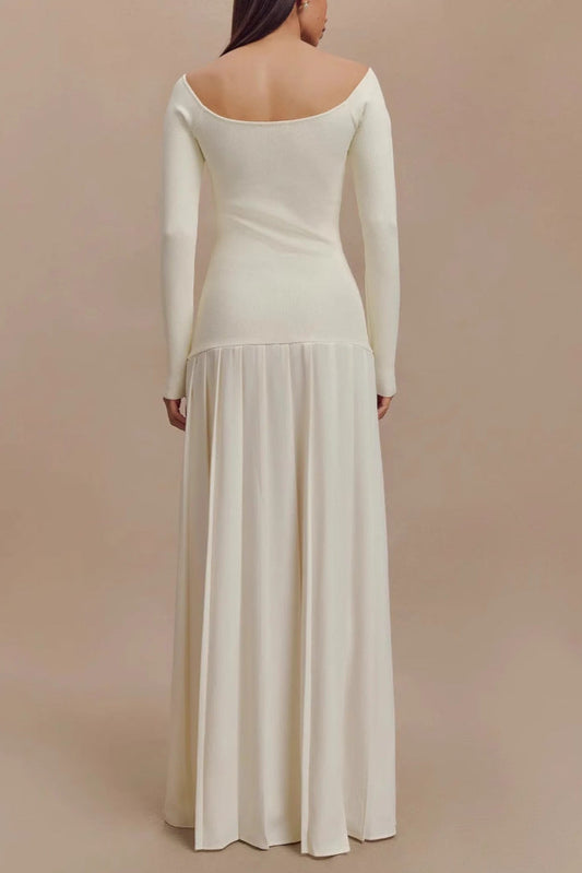 white Off-Shoulder Long-Sleeve Slit Pleated Dress