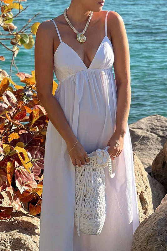 white suspender deep V high-waisted loose dress