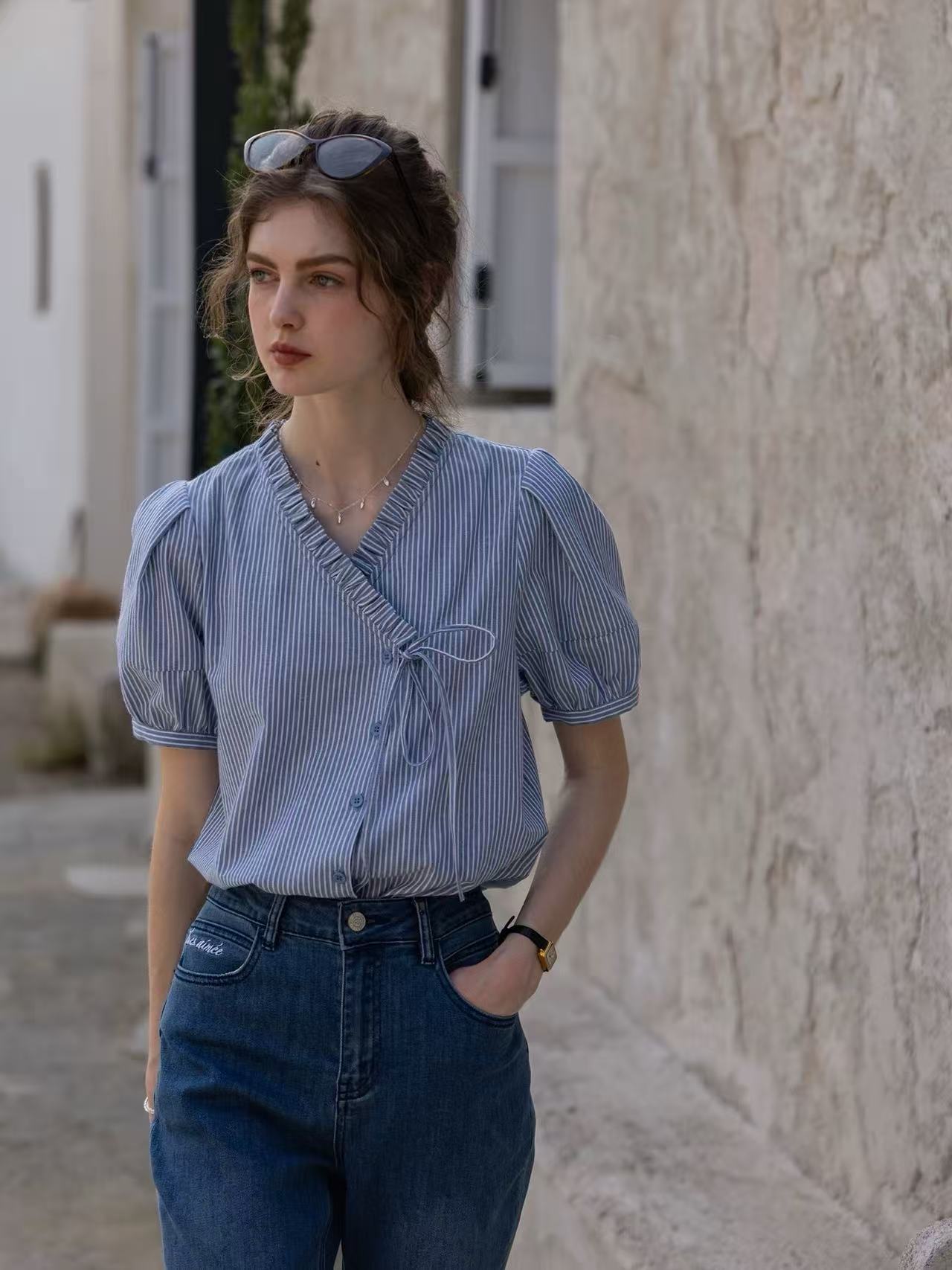 blue cotton asymmetrical striped puff-sleeve shirt
