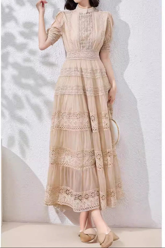 French-style lace-trimmed mesh maxi dress
