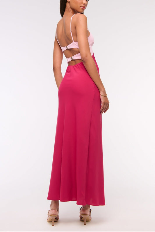 pink open back suspender color-blocking dress