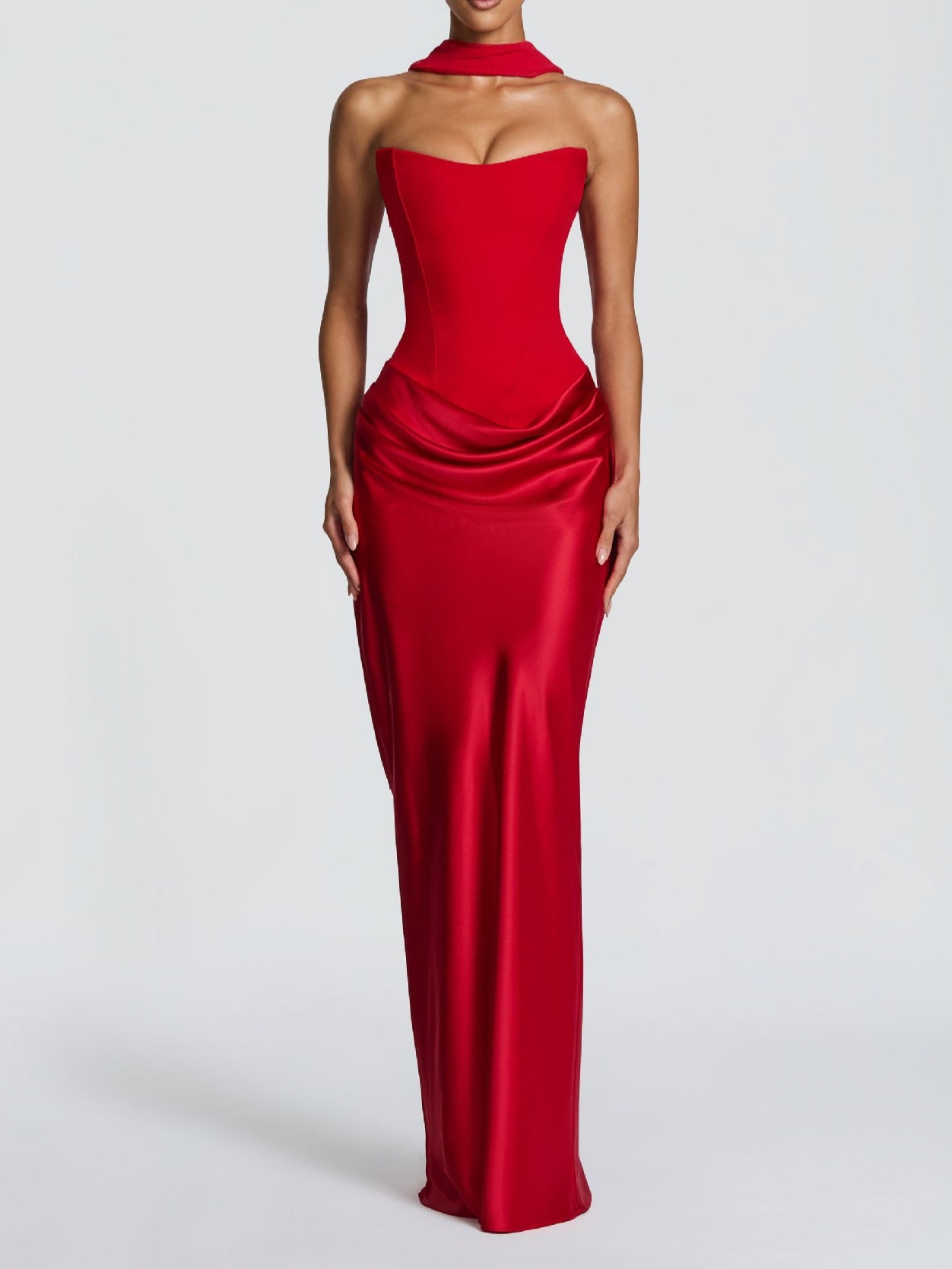 red satin lace-up streamer dress