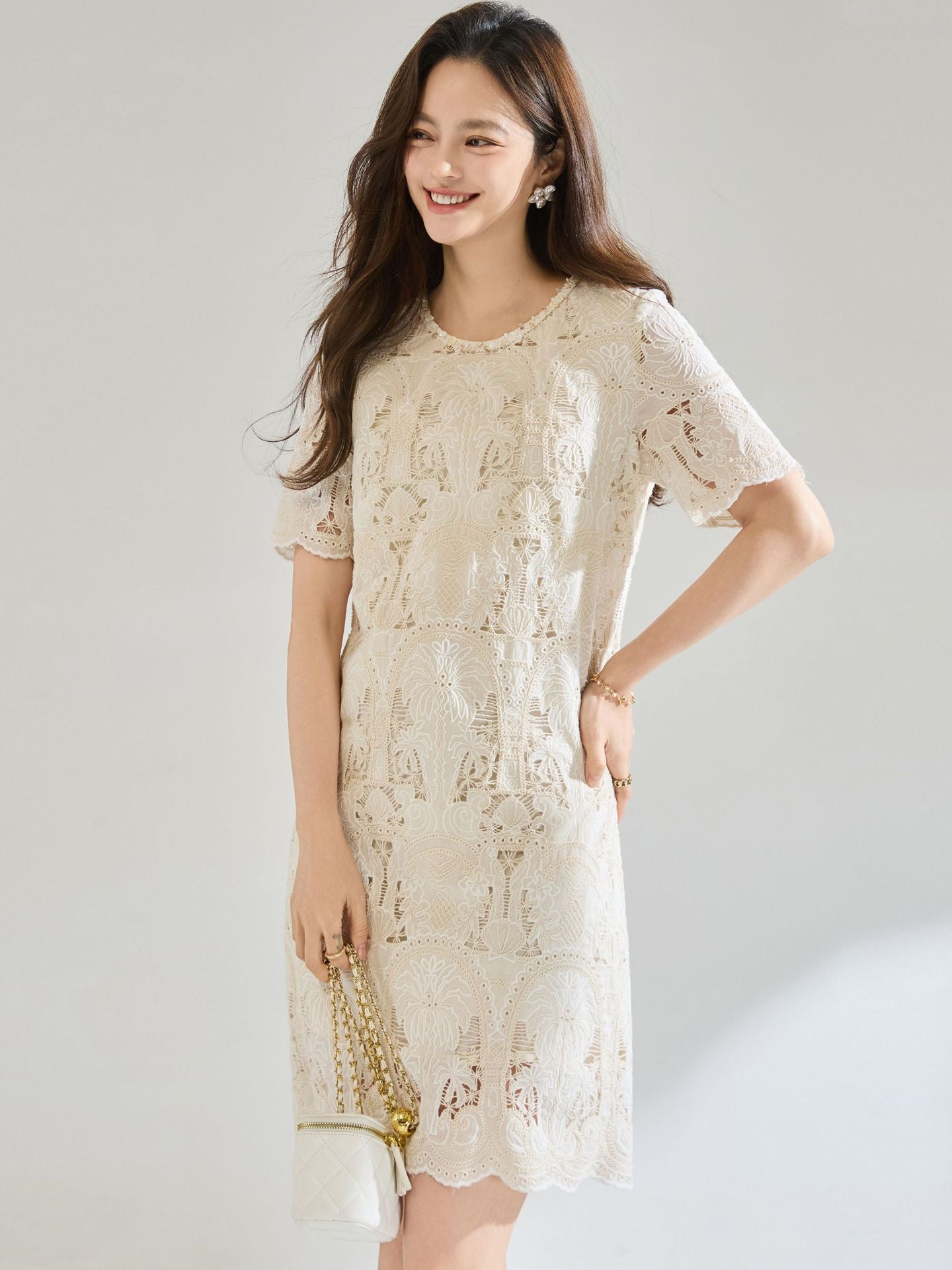 lace openwork embroidery mini dress - beige