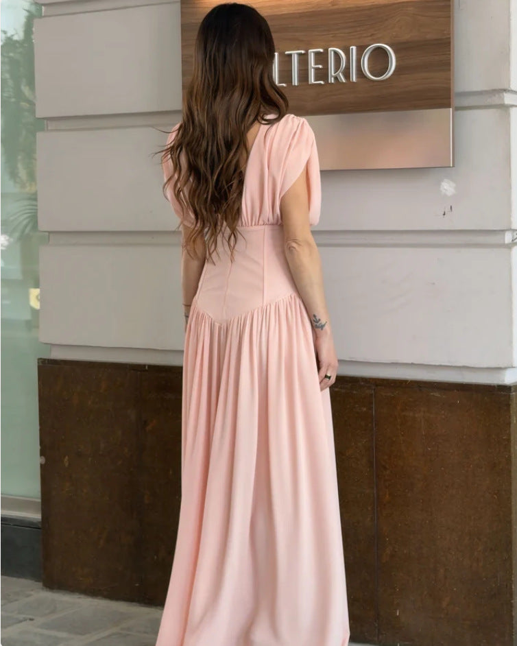 pink pleated V-neck sleeveless asymmetrical dress