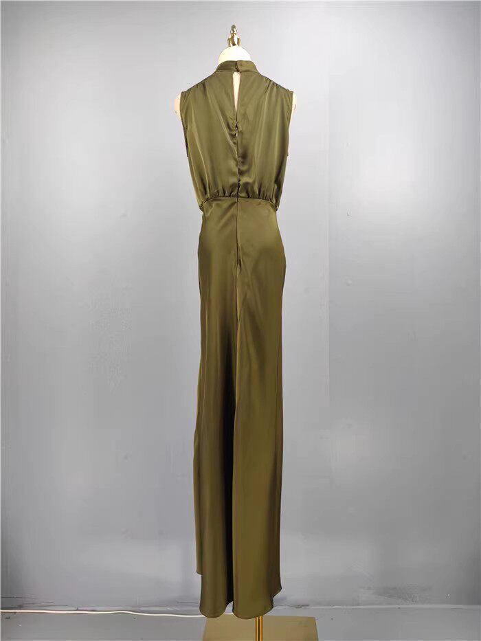 green stand collar slit banquet dress