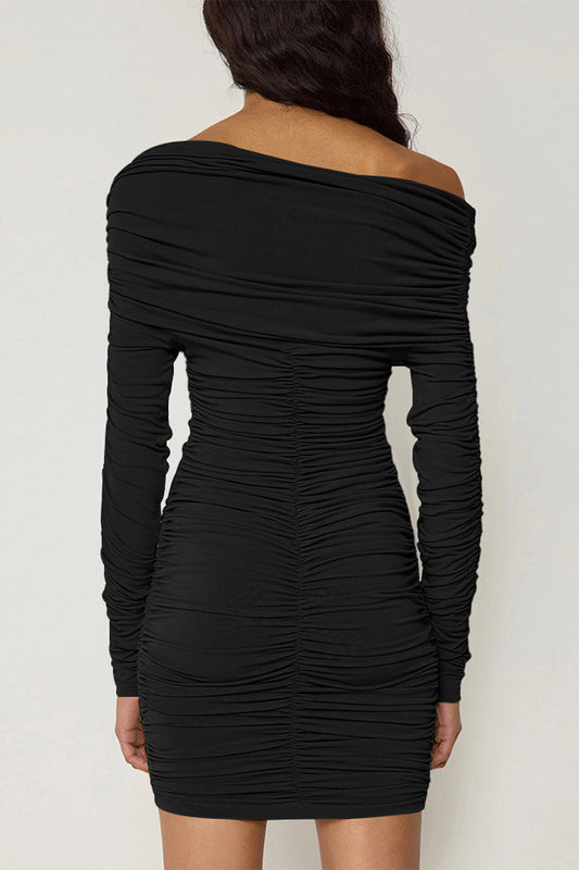 black Off-the-shoulder long sleeve pleated bodycon mini dress