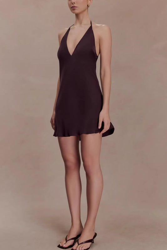 brown open back cross-border satin mini dress