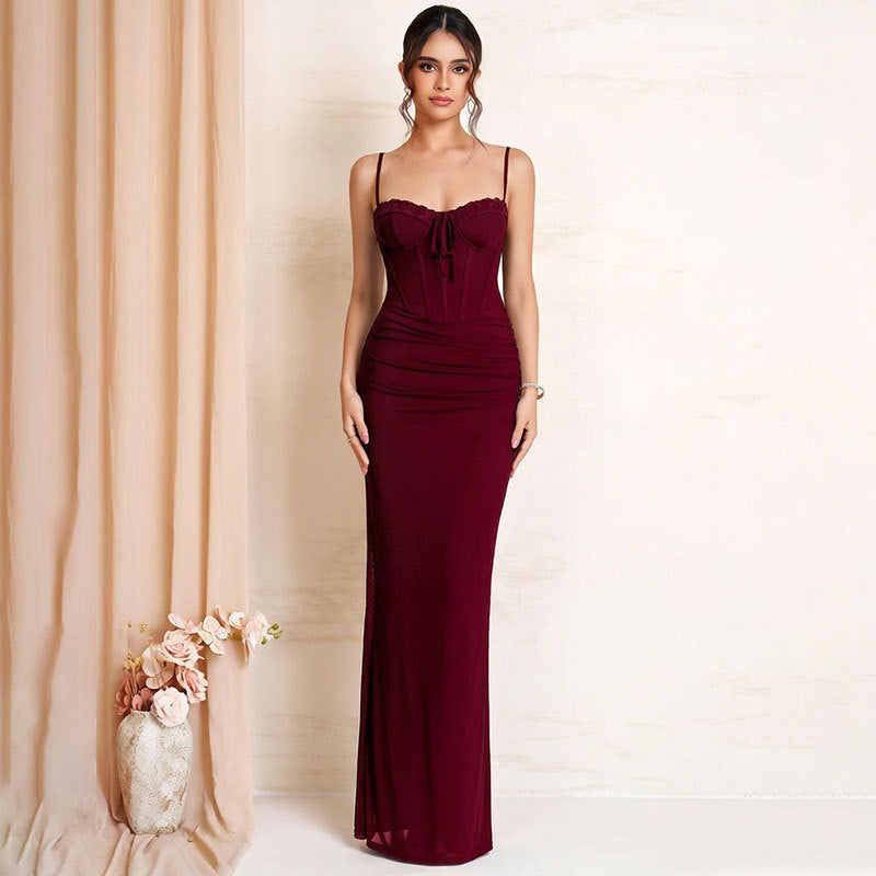 red wine suspender mesh lace patchwork lace-up pleated dress