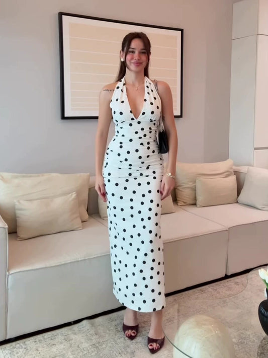 white Polka Dot Halter-Neck Sleeveless Waist-Cinching Dress