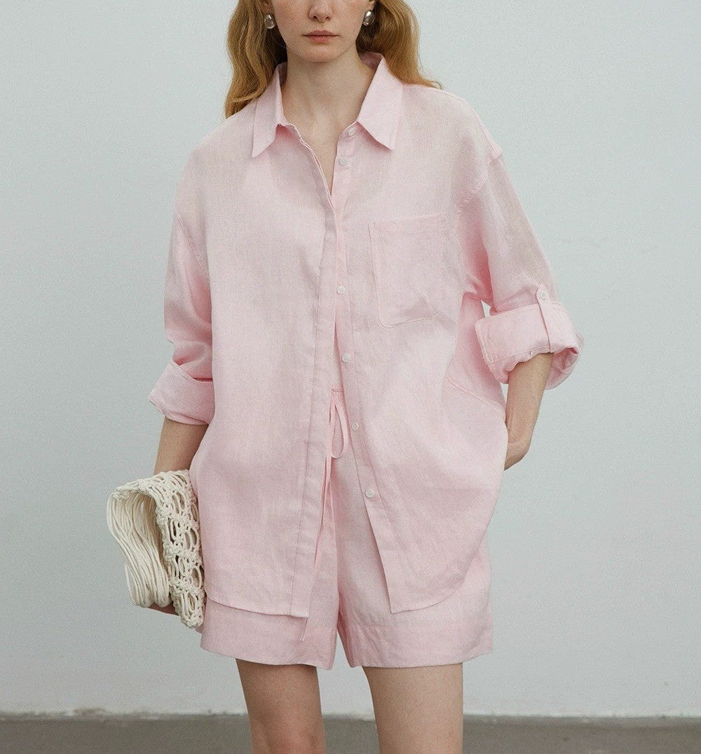 White linen oversized shirt and shorts set