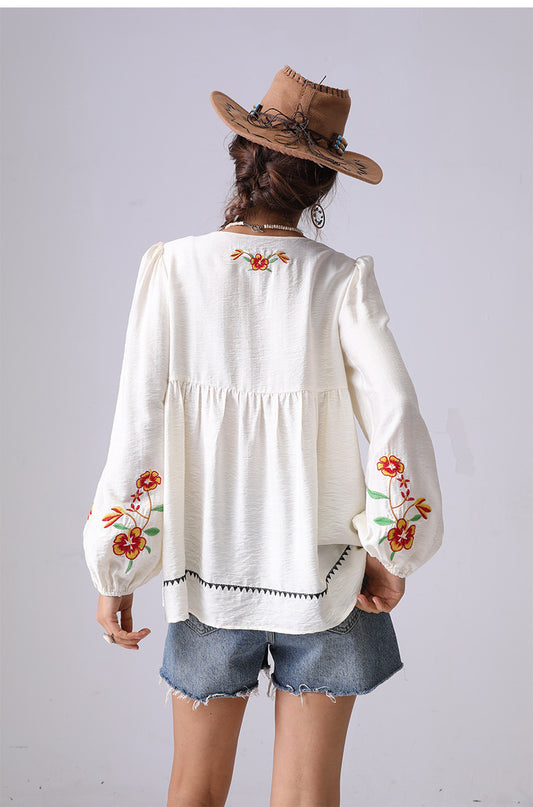 embroidered V-neck French long-sleeve shirt