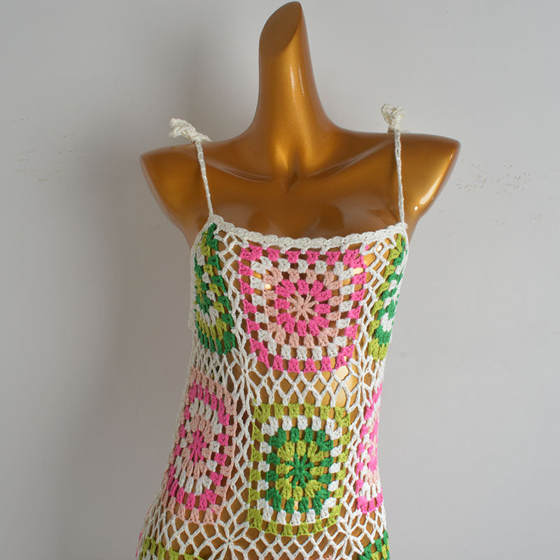 Pink & Green Granny Square Crochet Mini Dress