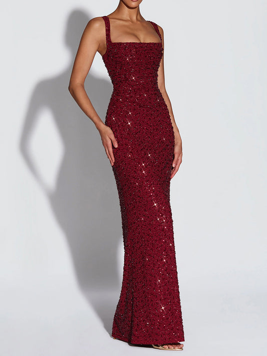 red sequin suspender evening dress