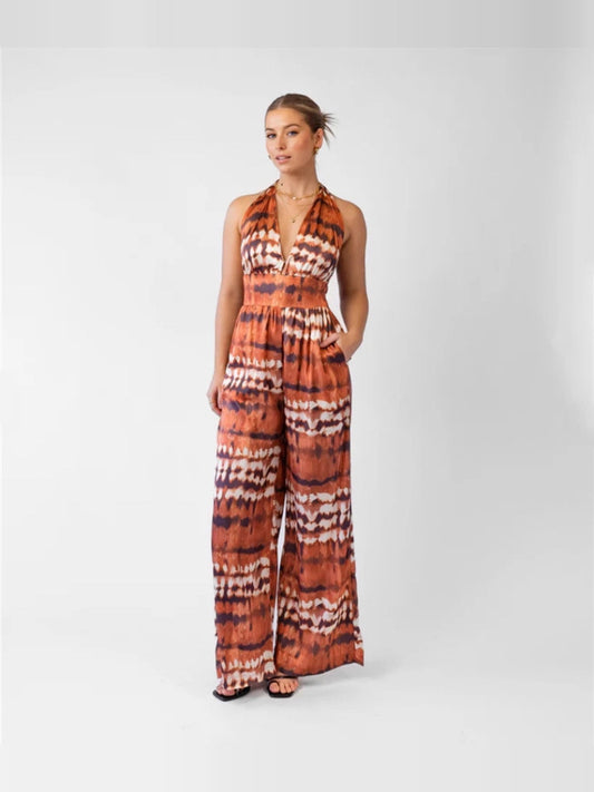 satin leopard print halterneck lace-up backless long jumpsuit