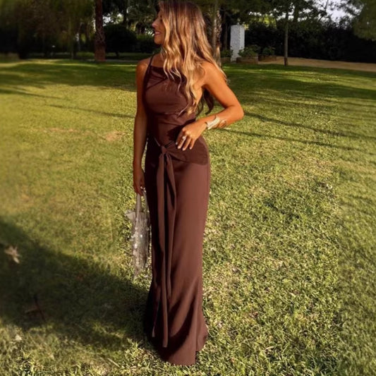 spaghetti strap bodycon pleated ribbon dress