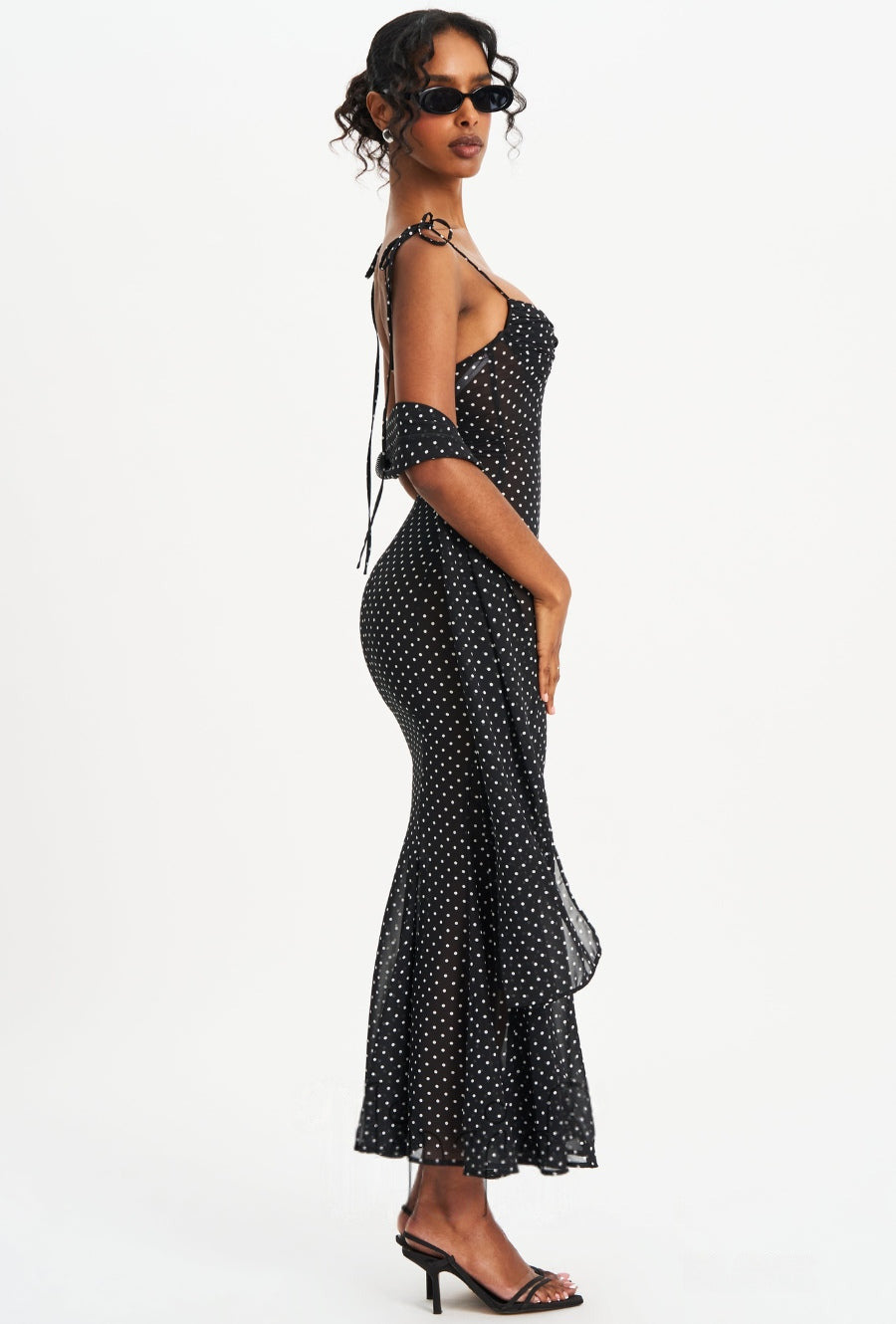 black suspender scarf decorated with polka dot print backless dress