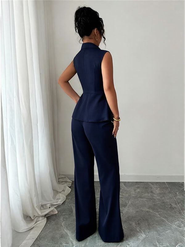 navy Deep V-neck Sleeveless Pleated Top with Wide-Leg Pants Set