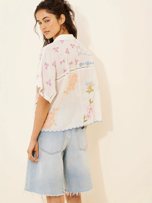 cream-white embroidered lace patchwork shirt