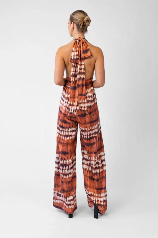 Halter V-Neck Tie Dye Wide Leg Pocket Jumpsuit