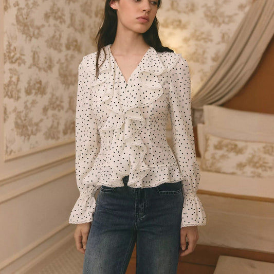 French-style polka dot shirt with ruffles
