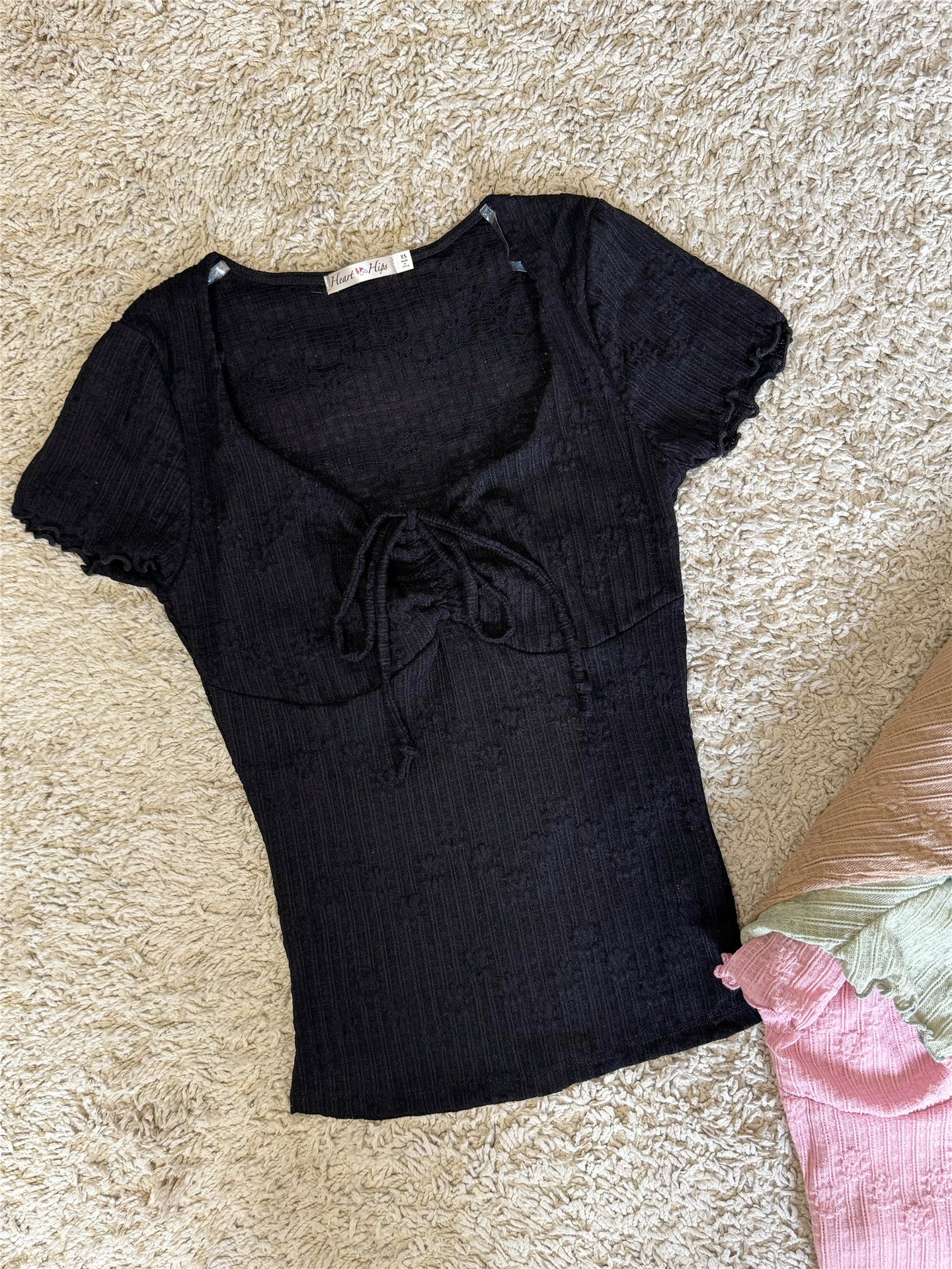 Ruched Front Ruffle Short Sleeve U-Neck Knit Top