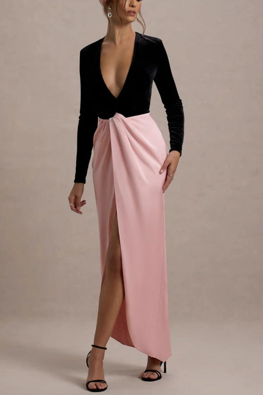 Long-Sleeve High-Waisted V-Neck Dress